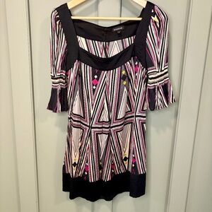 Y2K Bebe Geometric Silk Multicolor Flowy Bell Sleeve Tunic‎ Top Women's Sz S
